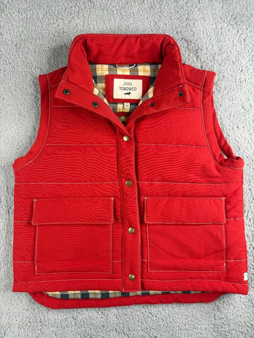 Toad&Co Forester Pass Quilted Vest Women's Large Red Plaid Lined Front Pockets